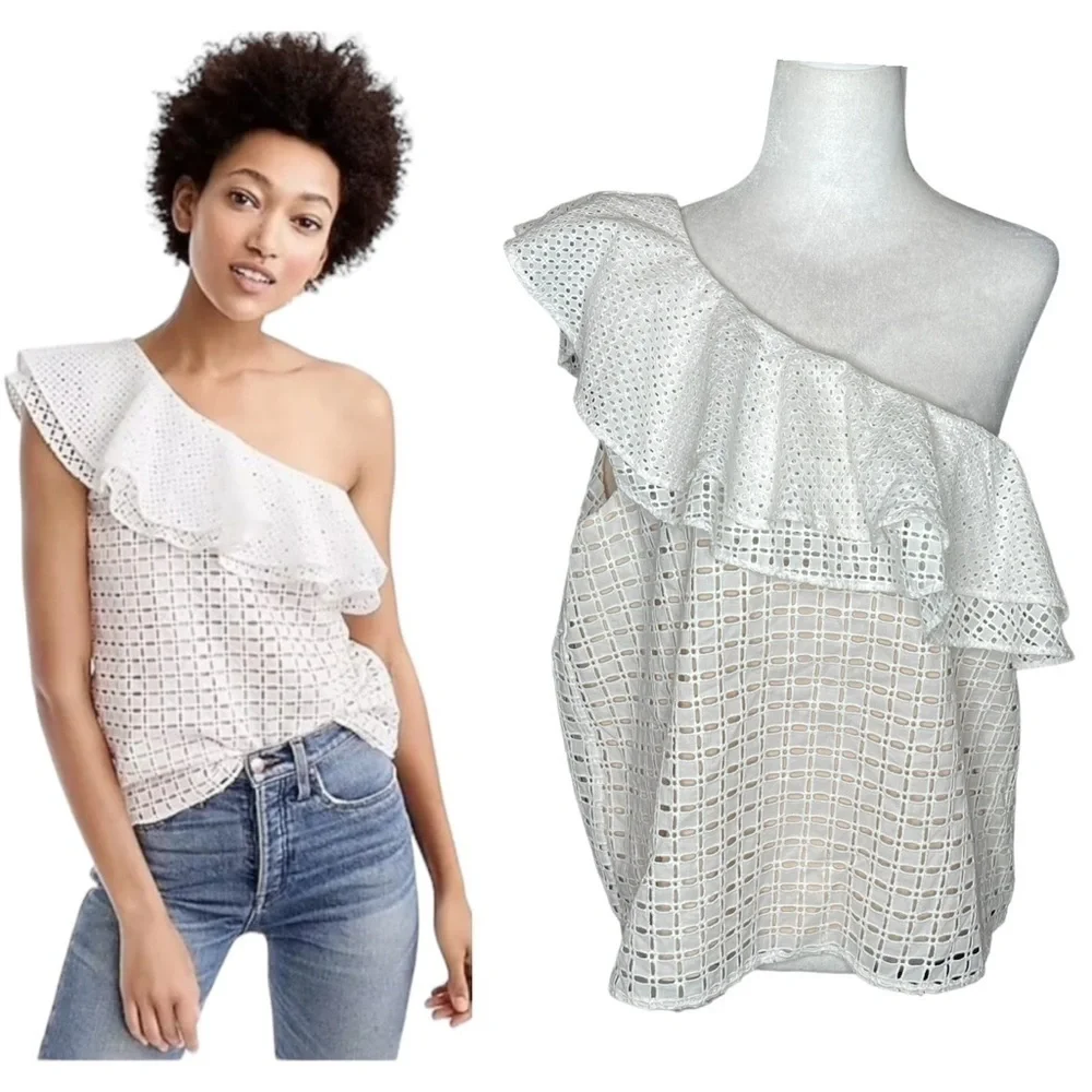 J.Crew One-Shoulder Eyelet Ruffle Top | White Lace | Size 14